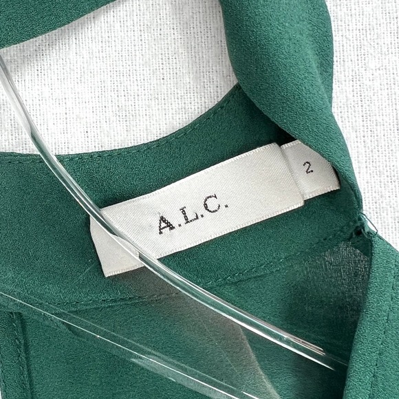 ALC Liza Silk Top Womens 2 Pine Green Choker VDeep V-neck Long Sleeve Blouse - Picture 11 of 16